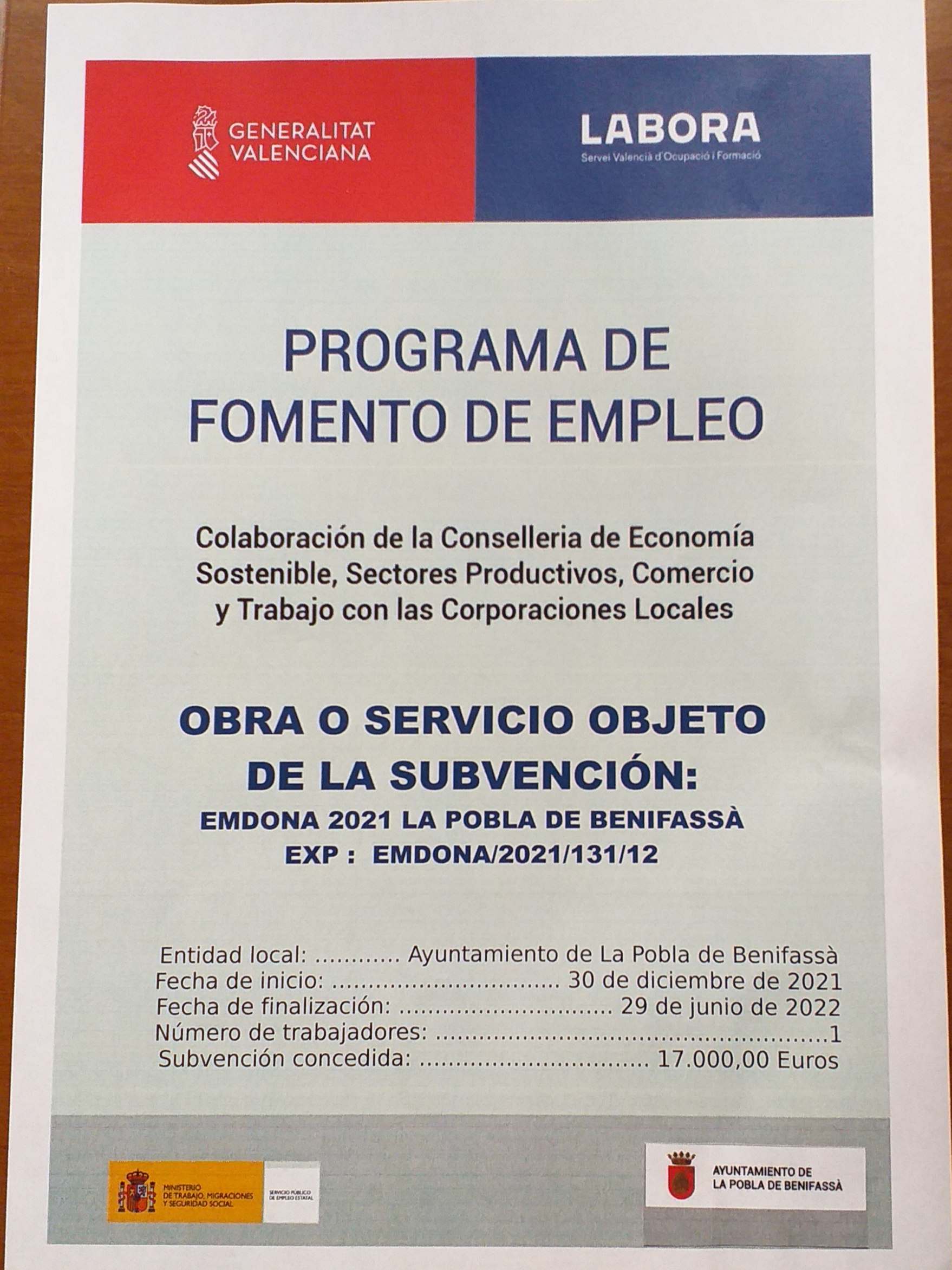 Subvención Servei Valencia d'Ocupació i Formació  EMDONA 